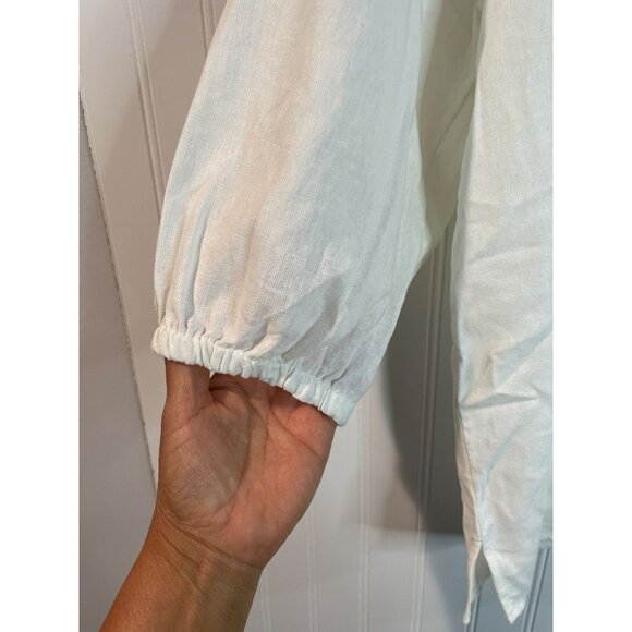 Nine West White Linen Blend Peasant Blouse With Elastic Cuffs & Tie Neck Size L - Picture 4 of 13